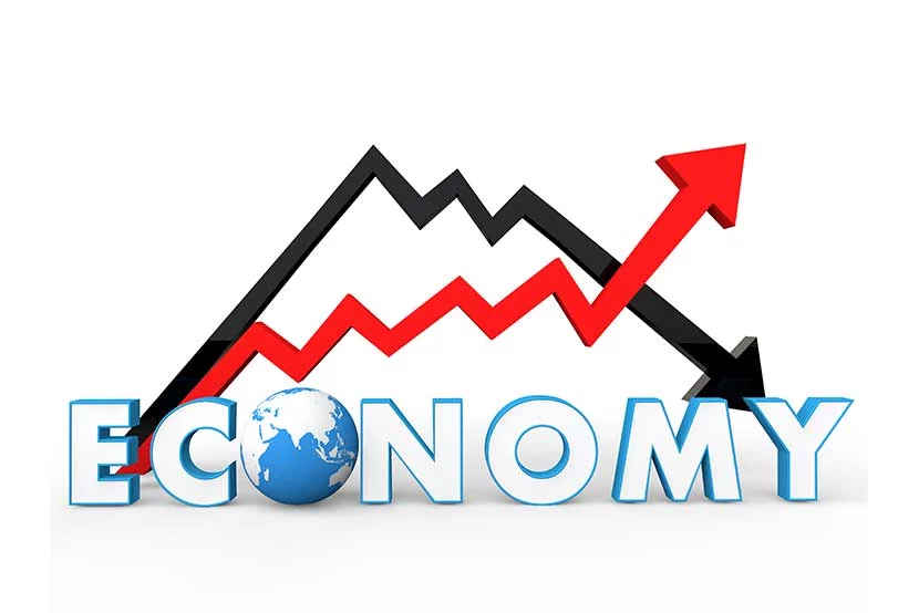 Two arrows illustrating how the world economy could be improving or declining