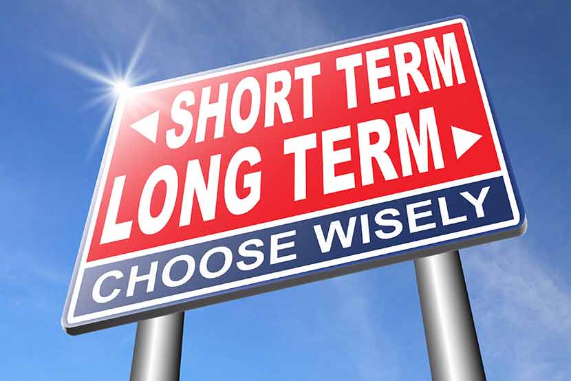 Road sign with arrows pointing to short term and long term