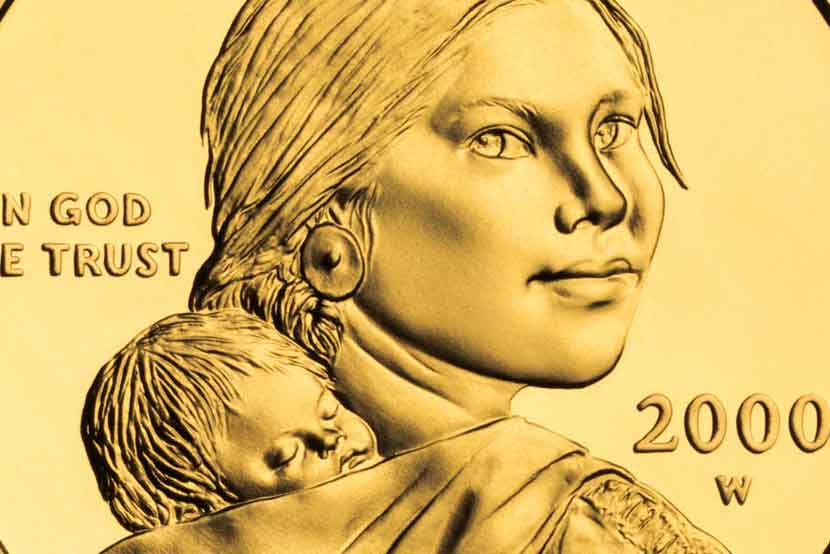 Sacagawea gold dollar coin zoomed in on women's face