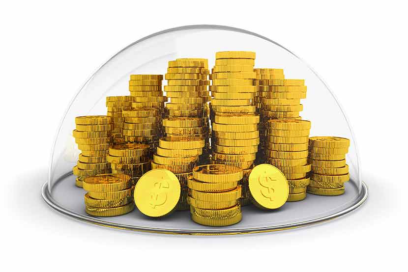Gold coins stacked inside glass bubble indicating protection or insurance