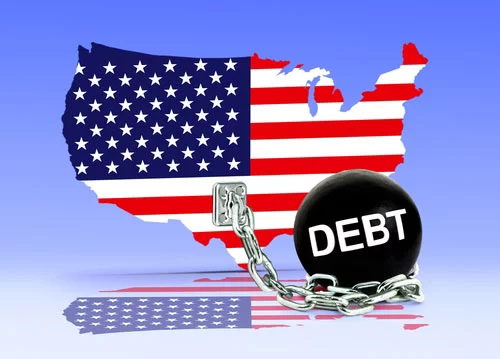 America-Debt-Ball-and-Chain-web Outline of the United States, chained to a ball of debt