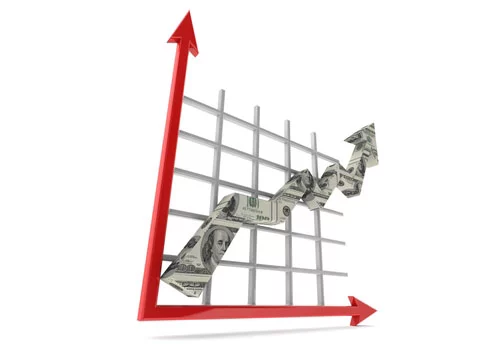 Line chart with arrow imprinted with the U.S dollar skyrocketing upwards, showing increase