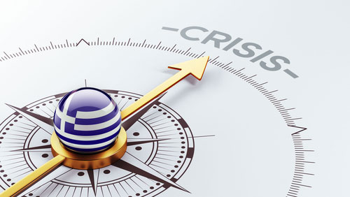 Greece Crisis – Web Sleek compass rose with flag of Greece in center, and gold arrow pointing directly at the words "Crisis"
