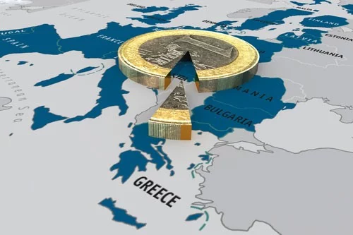 Blue and grey map of the world with a focus on Greece, overshadowed by a gold coin with a pie slice cut out of it