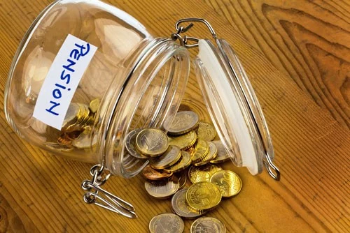 Gold coins spilling out of a mason jar labeled "Pension"