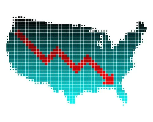 An outline of the United States, made up of tiny blue and black boxes with red arrow over the country indicating an underperforming economy