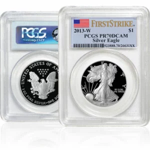 front and back of Silver American Eagle-Proofs in sealed plastic casing