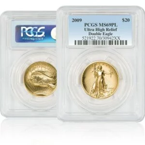 front and back of Ultra High Relief Double Eagle in plastic casing