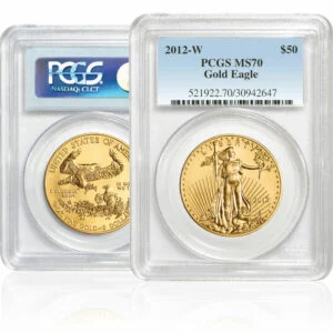 front and back of gold american easgle coins in sealed platic casing