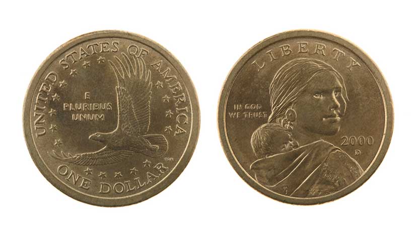 saca-3 Front and back of the 2000 Sacajawea gold one dollar coin