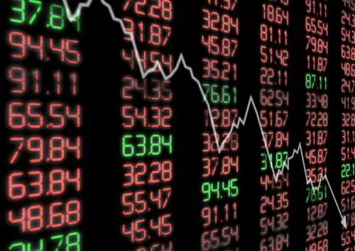 The wild stock market, as illustrated by red and green stock market prices and a declining line chart