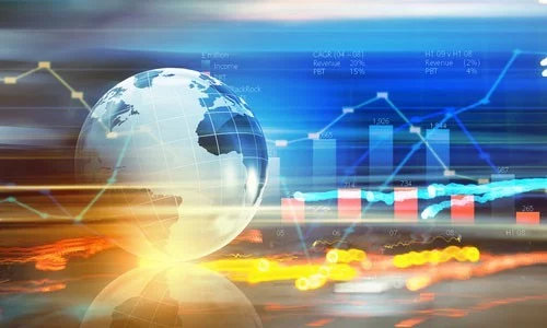 The global economic outlook, as illustrated by globe graphic and various charts and graphs