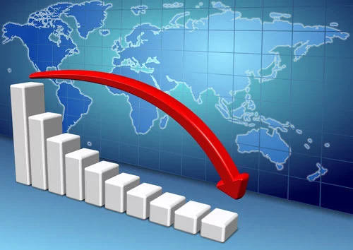 Descending grey bar chart against backdrop of global map