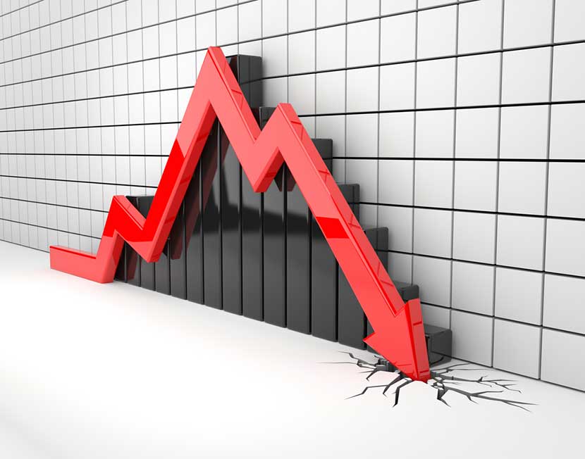 Black bar graph, grey tile background, and red arrow crashing through the floor indicating stocks crashing