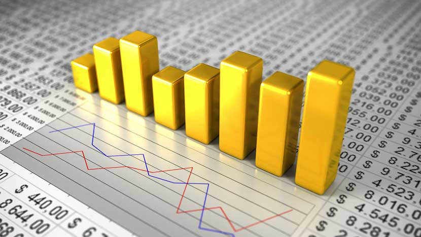 Gold bar chart, red and blue line chart, and stock market prices