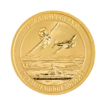 Front of 75th Anniversary 1/10 oz. Pearl Harbor Gold Coin featuring Japanese fighter planes and U.S. Navy ships