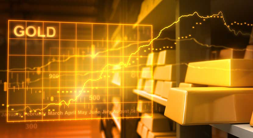 Gold chart showing upward movement against a background of gold bars