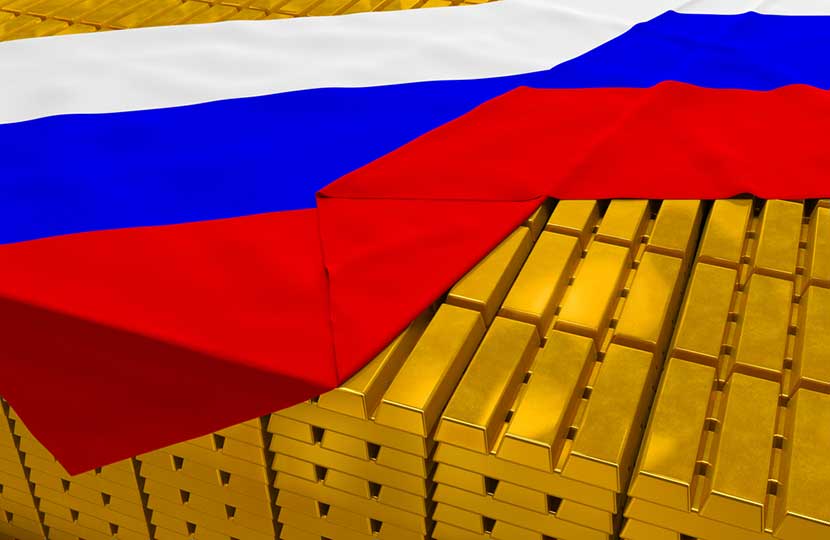 gold-russia Russian flag draped over neatly stacked gold bars