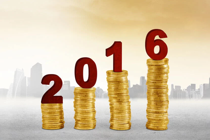 Increasing stacks of gold coins with the numerals 2016 resting atop each stack