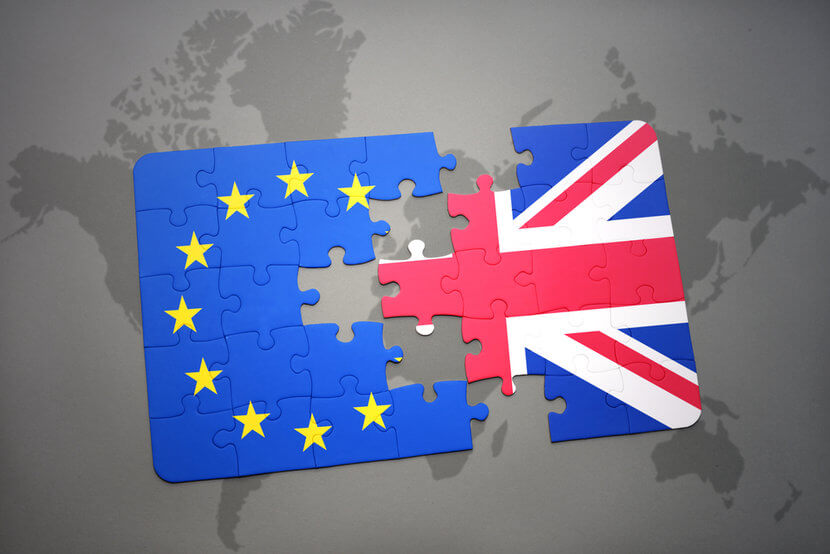 British flag and European Union flag as puzzles pieces, pull apart