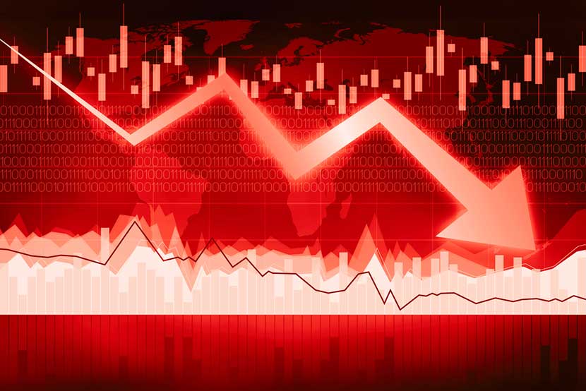 Eerily red stock market board with plunging error, indicating potential global recession