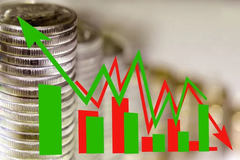 Red and green arrows, indicating weak dollar and economy graph pushing gold higher, against backdrop of stacked coins