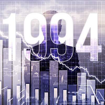 bar graph moving down with city in background and 1994 spread across the entire image, its a dark image portraying a market crash