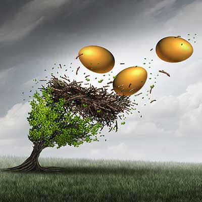 gold eggs in a giant nest being blow out of a tree by strong winds