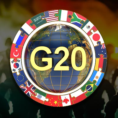 G20 Summit concept with globe surrounded by all of the attending countries flags