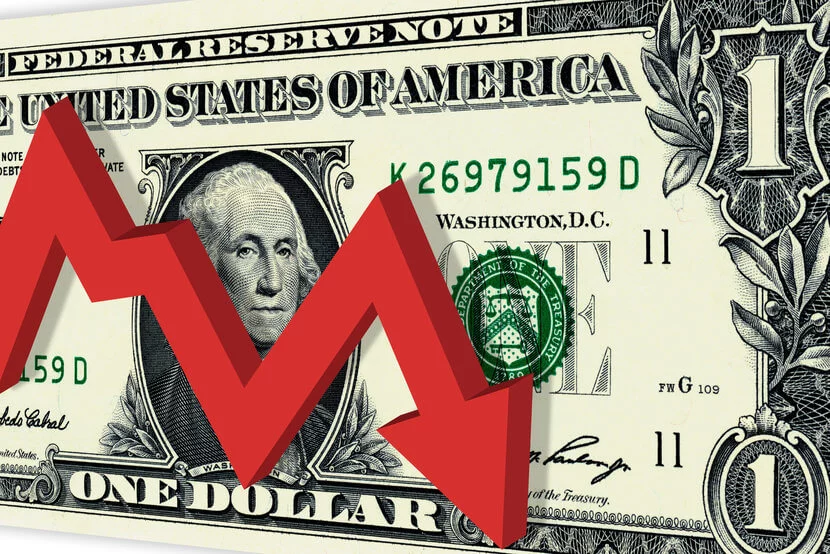 weak-dollar-and-gold U.S. one dollar bill with red arrow going down over the bill