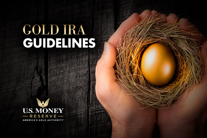 Hands holding nest with golden egg inside and text "gold ira guidelines"