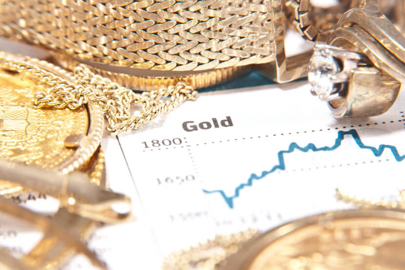 gold-facts Gold chart surrounded by gold coins and jewelry