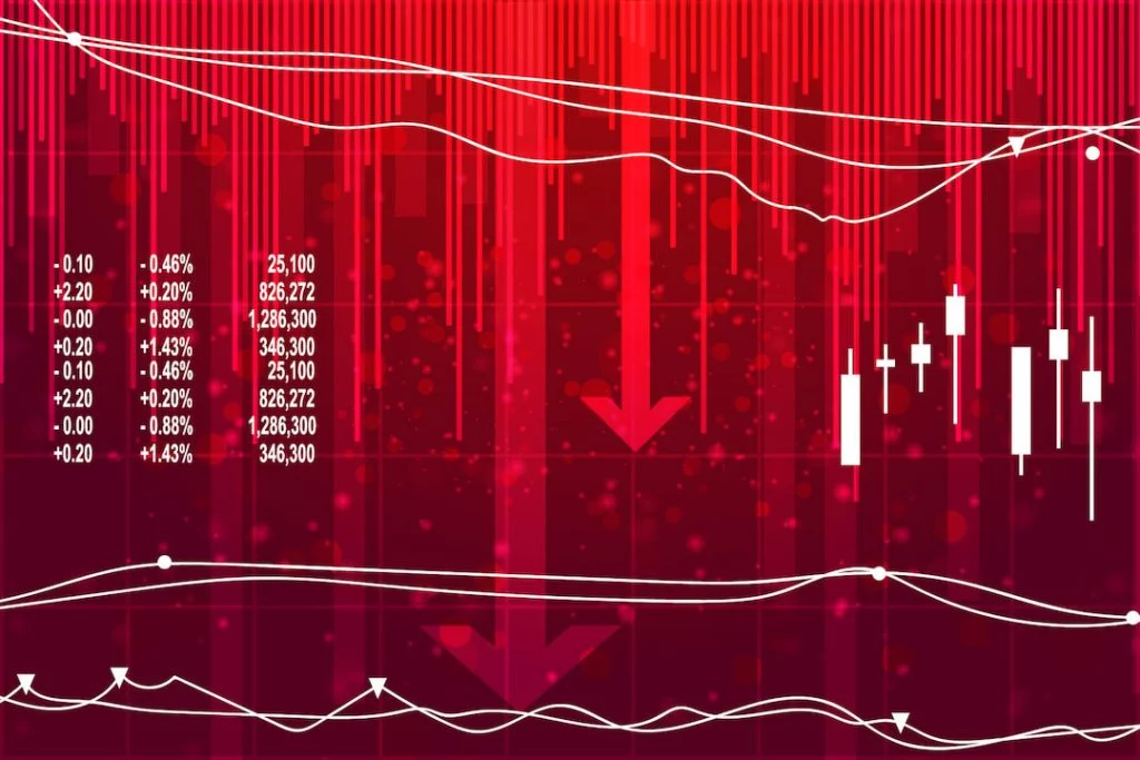 Vector image of line graphs with a downward trend and arrows pointing down in the background