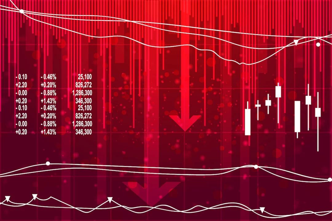 Economic crisis on red background Vector image of line graphs with a downward trend and arrows pointing down in the background