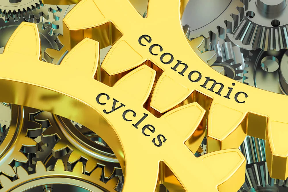 Economics cycles concept on the gearwheels, 3D rendering