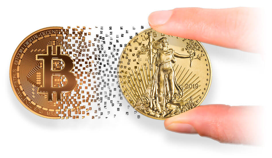 Hold_gold_fade_Bitcoin_vs_Gold Bitcoin breaking apart and reforming as a gold proof coin held by fingers