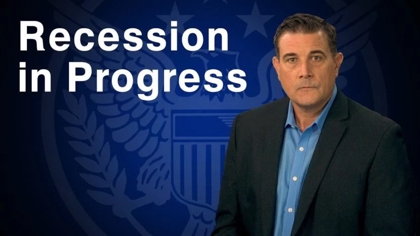 Recession in Progress blue image with white letters that say "recession in progress" presented by Coy Wells
