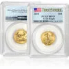 Gold American Eagle coins front and back (PCGS First Strike Label)