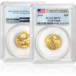 Gold American Eagle coins front and back (PCGS First Strike Label)