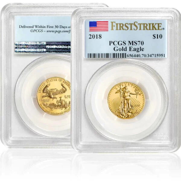 Gold American Eagle coins front and back (PCGS First Strike Label)