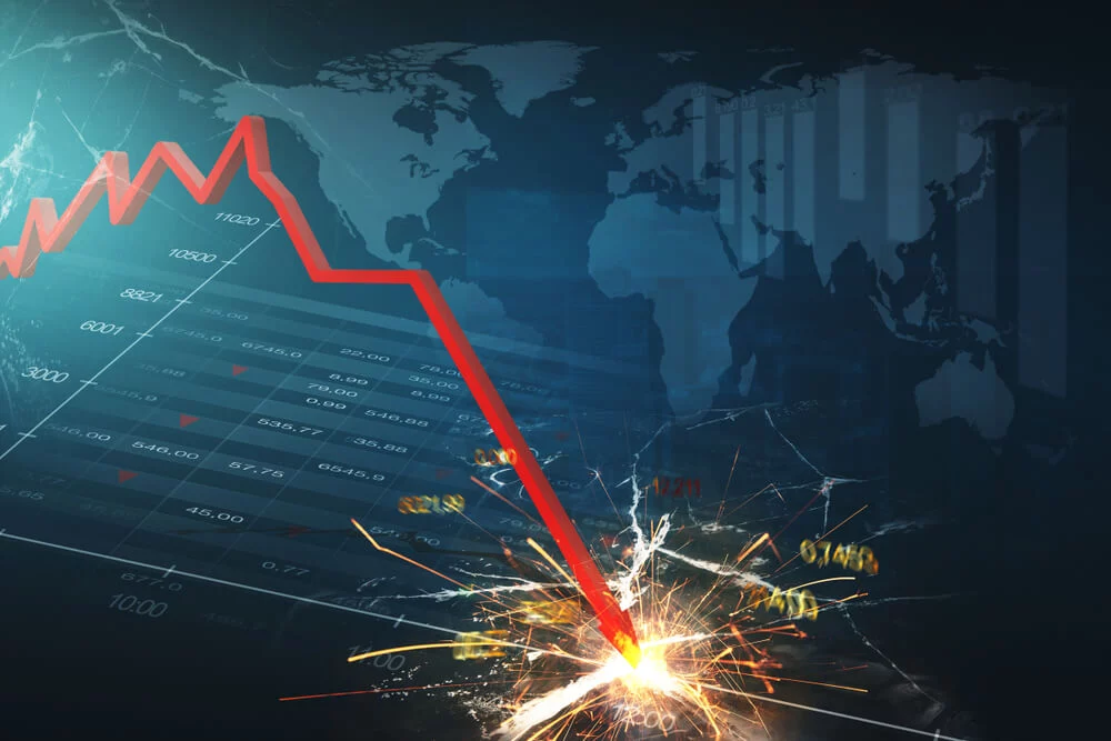 Red arrow crashing down into stock market quotes with world and graphs in background