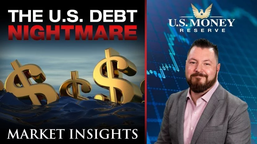 America’s debt addiction patrick brunson presenting next to sea of drowning dollar signs in an ocean of debt