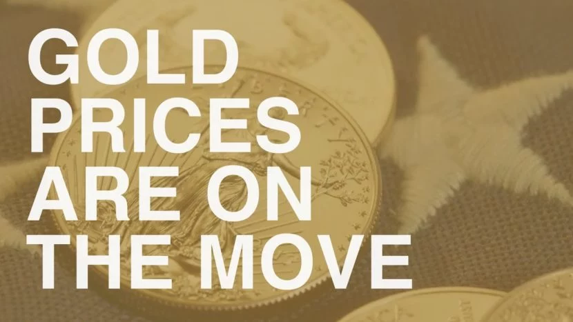 two enlarged gold coins next to white star indicating that gold prices are on the move