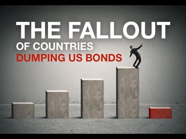 the fallout of countries dumping us bonds bars stacked from lowest to highest with man balancing on the highest bar