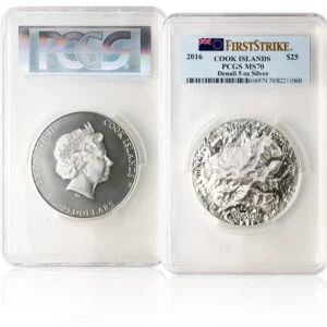 2016 5 oz Denali silver coin in plastic casing with PCGS grade MS70