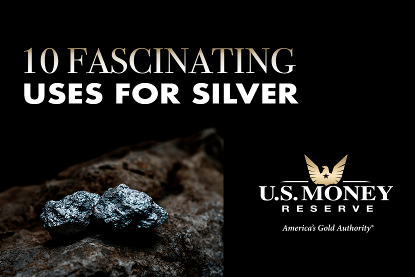 10 Fascinating Uses for Silver | What is silver used for? Image of raw silver nuggets on a rock with text highlighting 10 fascinating uses for silver, presented by U.S. Money Reserve