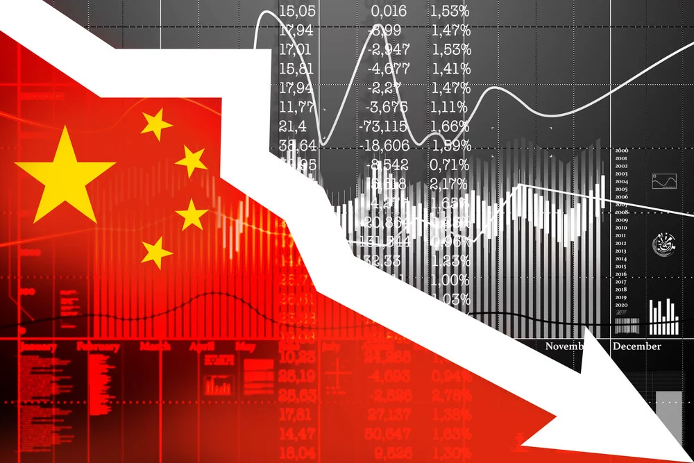 Transparent China Flag in front of charts and numbers
