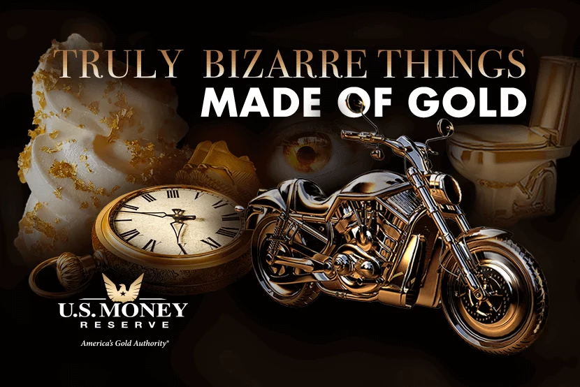 Soft serve ice cream covered in gold flakes, gold pocket watch, gold motorcycle, and gold toilet - Truly Bizarre Things Made of Gold