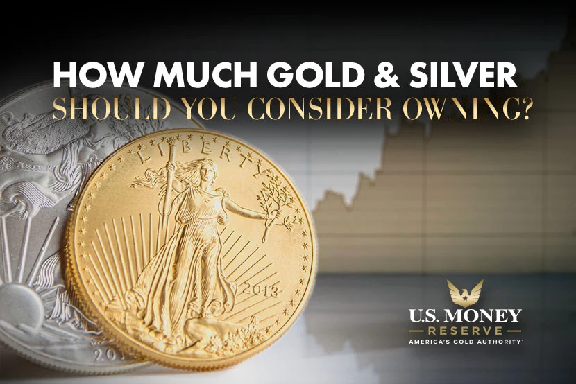 Gold and silver coins with text "How Much Gold & Silver Should You Consider Owning?"