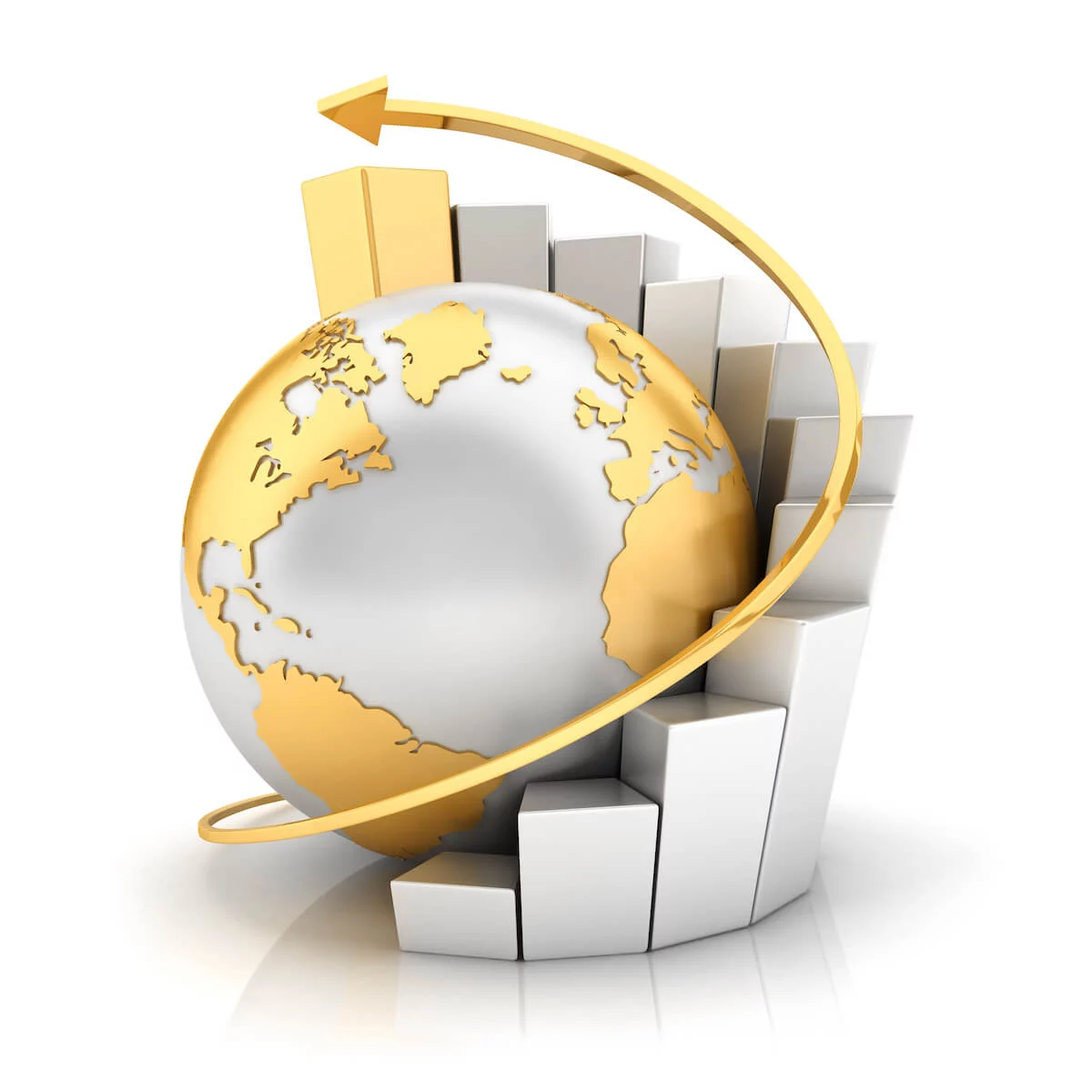 shutterstock_109708166 copy Silver and gold globe surrounded by gold arrow pointing upward and a bar graph of silver culminating in gold